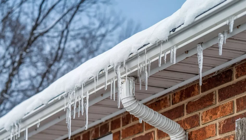Thick snow and frozen icicles hanging from a white aluminum gutter and downspout on an Indianapolis brick home during winter.