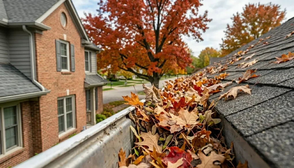 Clogged gutters filled with autumn leaves on an Indianapolis home.